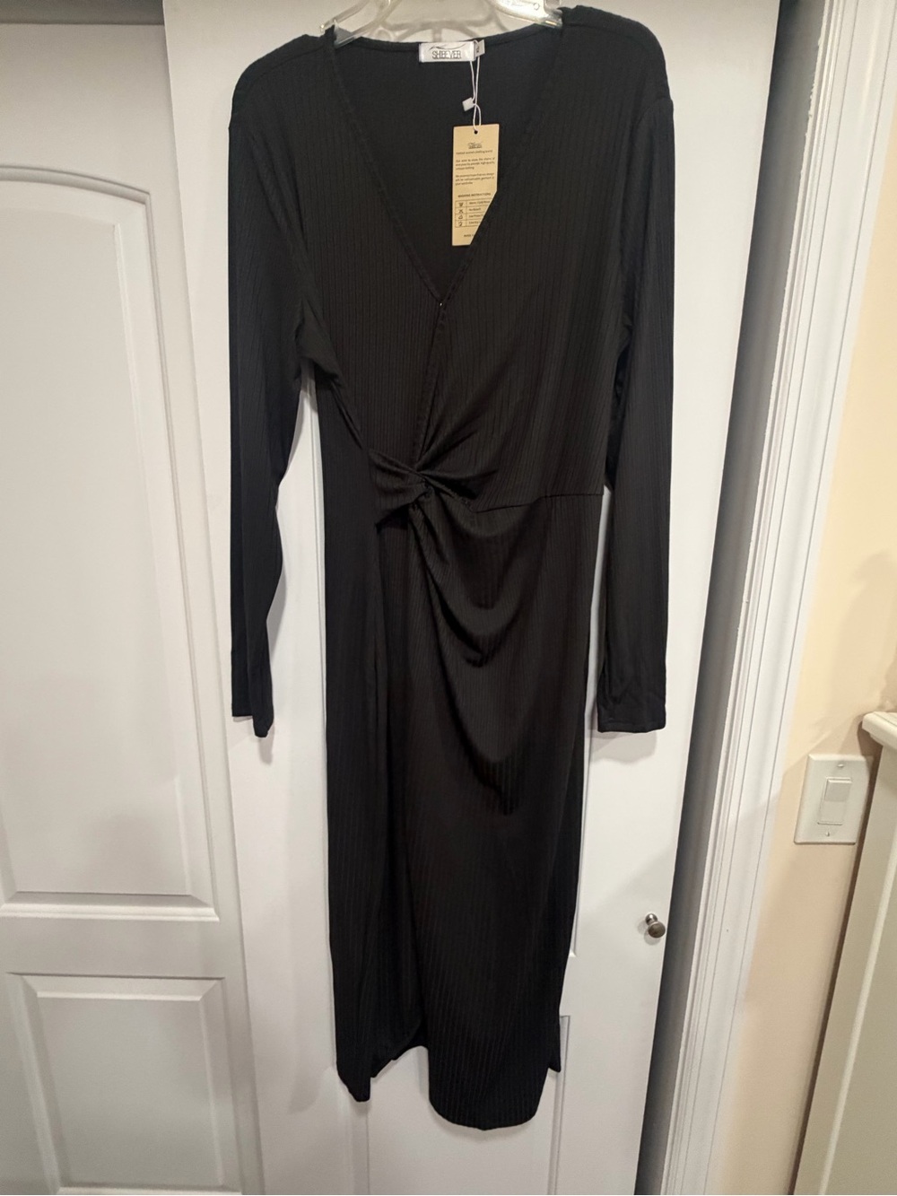 Black Long Sleeve Twist-Front Midi Dress